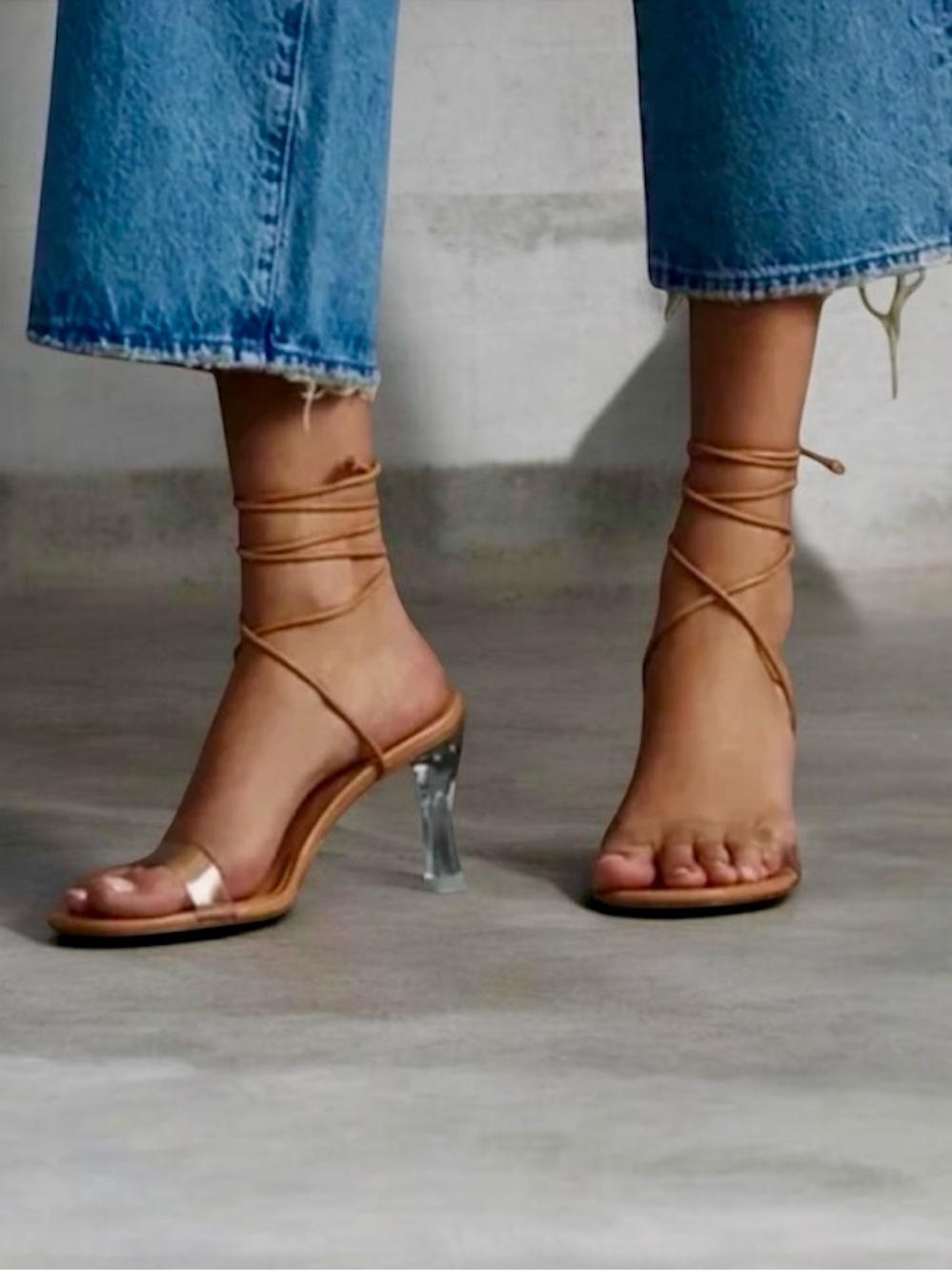Larroude Leather Gloria Sandal Heels Lace Up Brazil Brown w Clear Heel 8.5 NIB